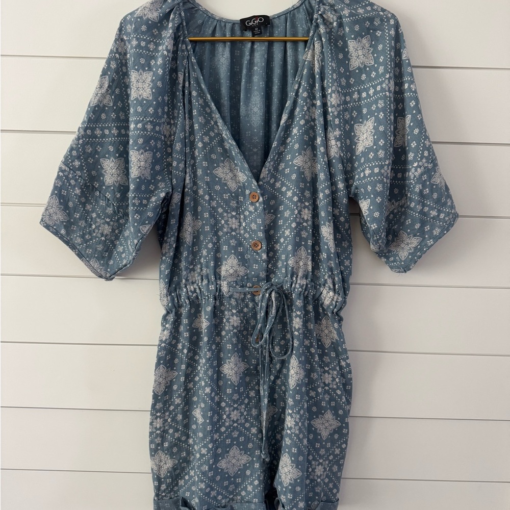 Blue Patterned Button-Down‎ Romper - Picture 2 of 7